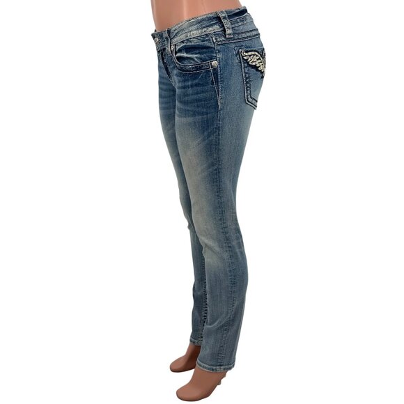 Miss Me Rhinestone Wing Distressed Skinny Jeans | McBling Y2K Early 2010s Tumblr - Picture 10 of 16